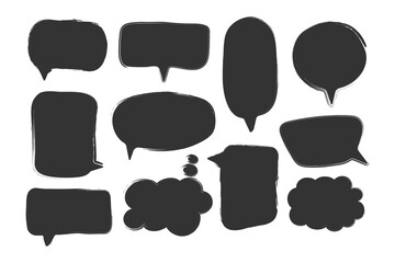 Black speech bubbles with textured dry brush edges. Hand drawn text boxes set.