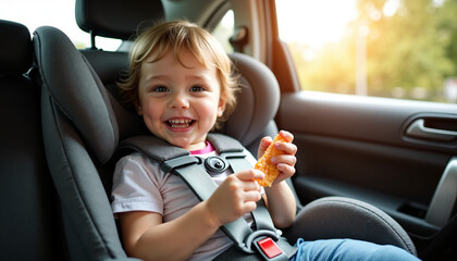 Smiling child eating snack in car