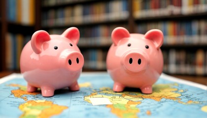Obraz premium Piggy Banks on top of a world map.