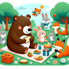 Obraz premium Die Tiere im Wald picknicken mit dem Bären