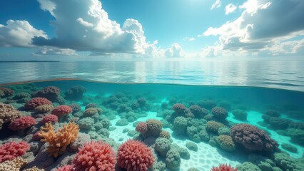 Obraz premium Split view of vibrant coral reef underwater and clear tropical ocean surface 