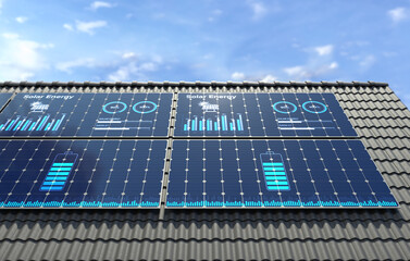 Solar Panels Installed on the Rooftop display the battery status. 3D illustration