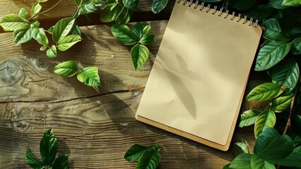 A notepad sits on a rustic wooden surface, surrounded by lush green leaves, perfect for capturing creative thoughts
