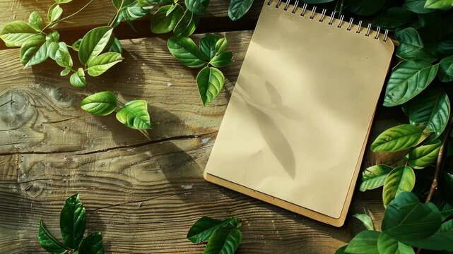 A notepad sits on a rustic wooden surface, surrounded by lush green leaves, perfect for capturing creative thoughts