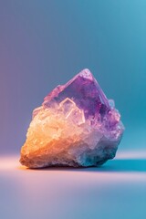 Amethyst crystal on gradient background, purple, orange, and blue light for mindfulness