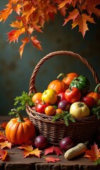 A vibrant basket filled with fresh pumpkins, tomatoes, and seasonal leaves, perfect for autumn-themed projects in food, agriculture, or marketing.