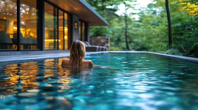 Woman in pool, modern house, lush garden, relaxing scene