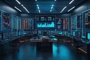 futuristic trading room with digital graphs and data displays, a high-tech trading room filled with multiple computer screens showing various financial data