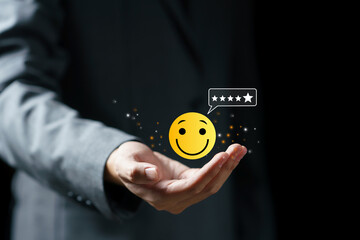 customer services best excellent business rating experience, Positive Review and Feedback, Satisfaction survey concept. Hand of a businessman show happy smile face with 5 star.
