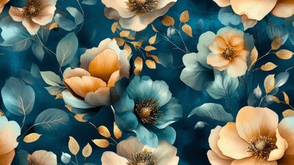 Seamless pattern with blue watercolor ink flowers with golden centers in a delicate artistic style

