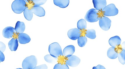 Seamless pattern with blue watercolor ink flowers with golden centers in a delicate artistic style
