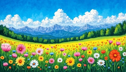 Obraz premium a landscape painting of a field of wildflowers and trees with mountains in the background.