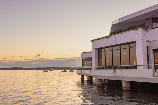 Sailing club over the water on Lake Macquarie at sunset