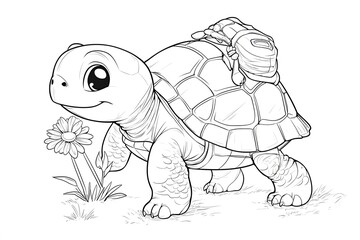 Fototapeta premium Baby turtle with a tiny shell backpack, holding a small flower.