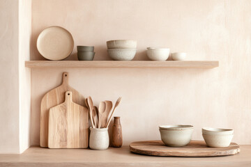 Minimalist scandinavian kitchen with wooden utensils and ceramic dinnerware on open shelves