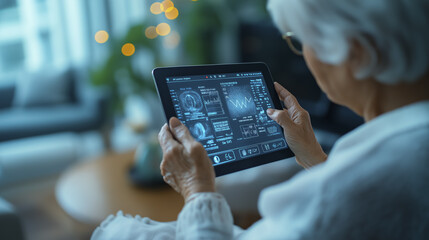 telemedicine, elderly person using tablet with medical data displayed, focusing on health monitoring. scene is set in cozy, well lit room with blurred background