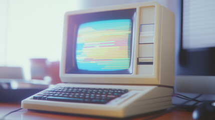 Retro computer with vibrant screen display on office desk