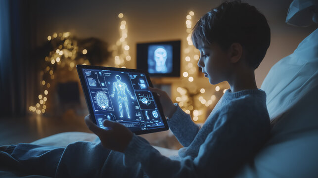 telemedicine, child uses tablet for telemedicine, viewing medical data in cozy room with soft lighting. atmosphere is calm and focused, highlighting integration of technology in healthcare - Powered by Adobe