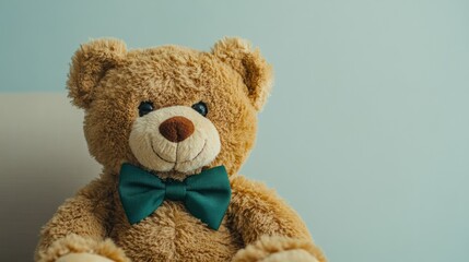 Adorable Teddy Bear with Green Bow Tie Against a Light Blue Background A Plush Toy, Soft, Cuddly, and Friendly