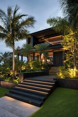 Obraz premium Modern house exterior with stairs and plants under blue sky for real estate