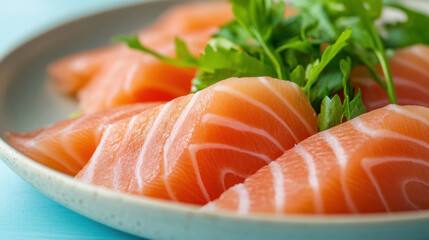 Fresh slices of salmon sashimi with green garnish on ceramic plate