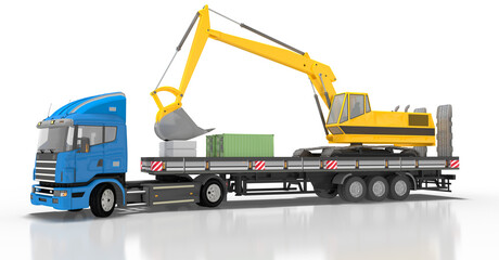 3d Lkw mit Schwerlastauflieger, Hänger auf dem eine Bagger mit Container zur nächsten Baustelle transportiert wird, Hintergrund transparent und freigestellt