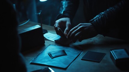 A detective examining a victim’s personal belongings for clues. Featuring investigation and forensic analysis