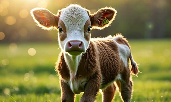 A calf happily running on lush green grass, symbolizing freedom and joy.