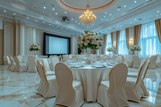 Elegant banquet hall with floral centerpieces set for a formal event in a luxurious venue