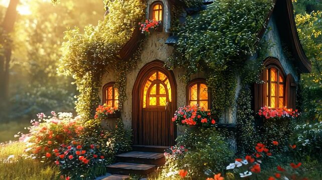 Enchanted Cottage: A picturesque cottage, enveloped in vibrant flora, glows invitingly with warm light spilling from its windows, beckoning viewers into a world of fantasy and serenity.