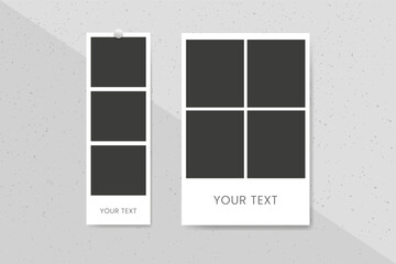 Blank Instant photo booth picture retro collage on a gray concrete wall. Vintage snapshots strip selfie shot. Realistic film photography digital design. Vector illustration