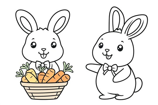 Tiny rabbit wearing a bowtie, holding a basket of carrots.