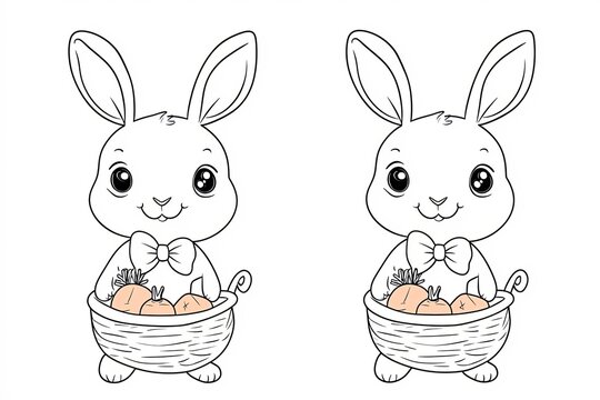 Tiny rabbit wearing a bowtie, holding a basket of carrots.