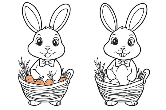 Tiny rabbit wearing a bowtie, holding a basket of carrots.