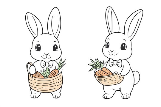 Tiny rabbit wearing a bowtie, holding a basket of carrots.