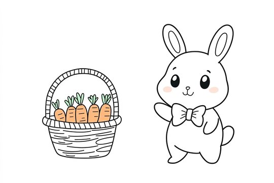Tiny rabbit wearing a bowtie, holding a basket of carrots.