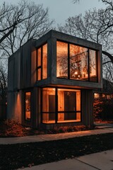 Fototapeta premium Modern house with glowing windows in residential area for sale
