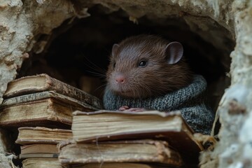 Rat in sweater nestled with ancient books.