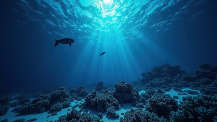 Fototapeta premium Deep underwater coral reef with sunlight rays penetrating the ocean depths 