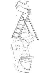 Black and white graphic line seamless vertical border with set of painting,drawing equipment step ladder, roller, can color, apron, helmet. Hand drawn Print for coloring pages or art classes decor.