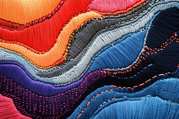 Colorful embroidery showcasing intricate wave patterns in vibrant threads during contemporary textile art exhibit