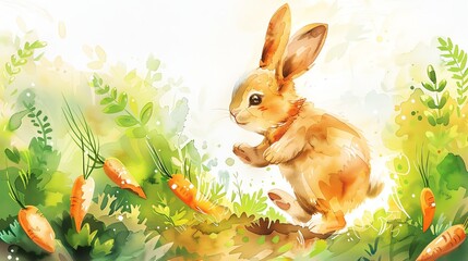 Fototapeta premium A watercolor painting of a cute, brown bunny rabbit hopping through a field of green grass and orange carrots.