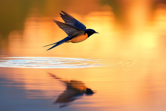 Swallow in flight over water with reflection close-up. Generated by artificial intelligence.
