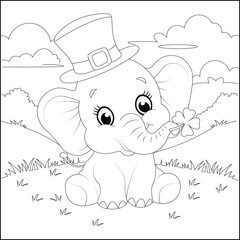 St Patricks day Cute Elephant  Line art  Coloring page