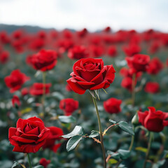 Obraz premium Field of red rose in full bloom joy and positivity on a white background