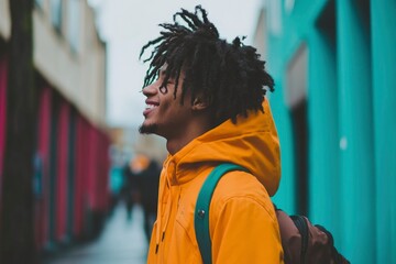 Fototapeta premium Man smiling in colorful alleyway; a backpack, building, and city backdrop