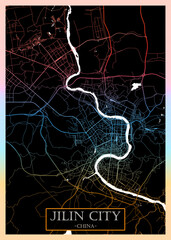 Jilin City Street Map, abstract city banner, colorful urban paint, abstract watercolor, downtown watercolor paint, business city panorama