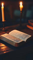 An open book on the table, candlelight illuminating its pages
