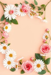 Obraz premium Delicate Pink Roses and White Daisies Frame a Peach Background