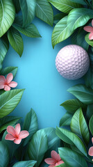 Obraz premium A golf ball surrounded by green leaves and pink flowers on a bright blue background. There is empty space for text in the center.